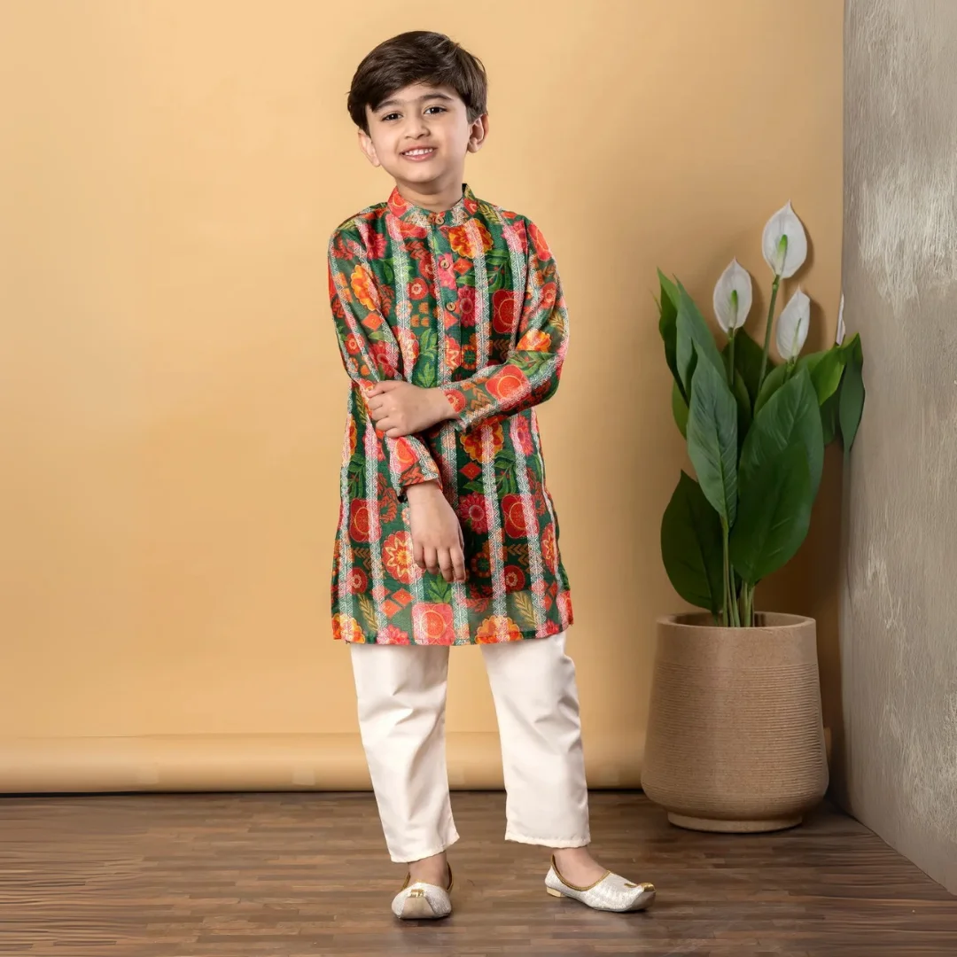 Boys Straight style Chanderi Silk fabric Green color kurta and Pyjama