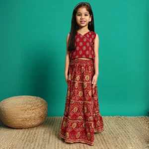 Angrakha style Cotton fabric Maroon color printed lehenga choli