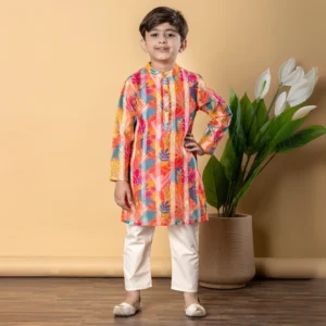 Boys Straight style Chanderi Silk fabric Orange color kurta and Pyjama
