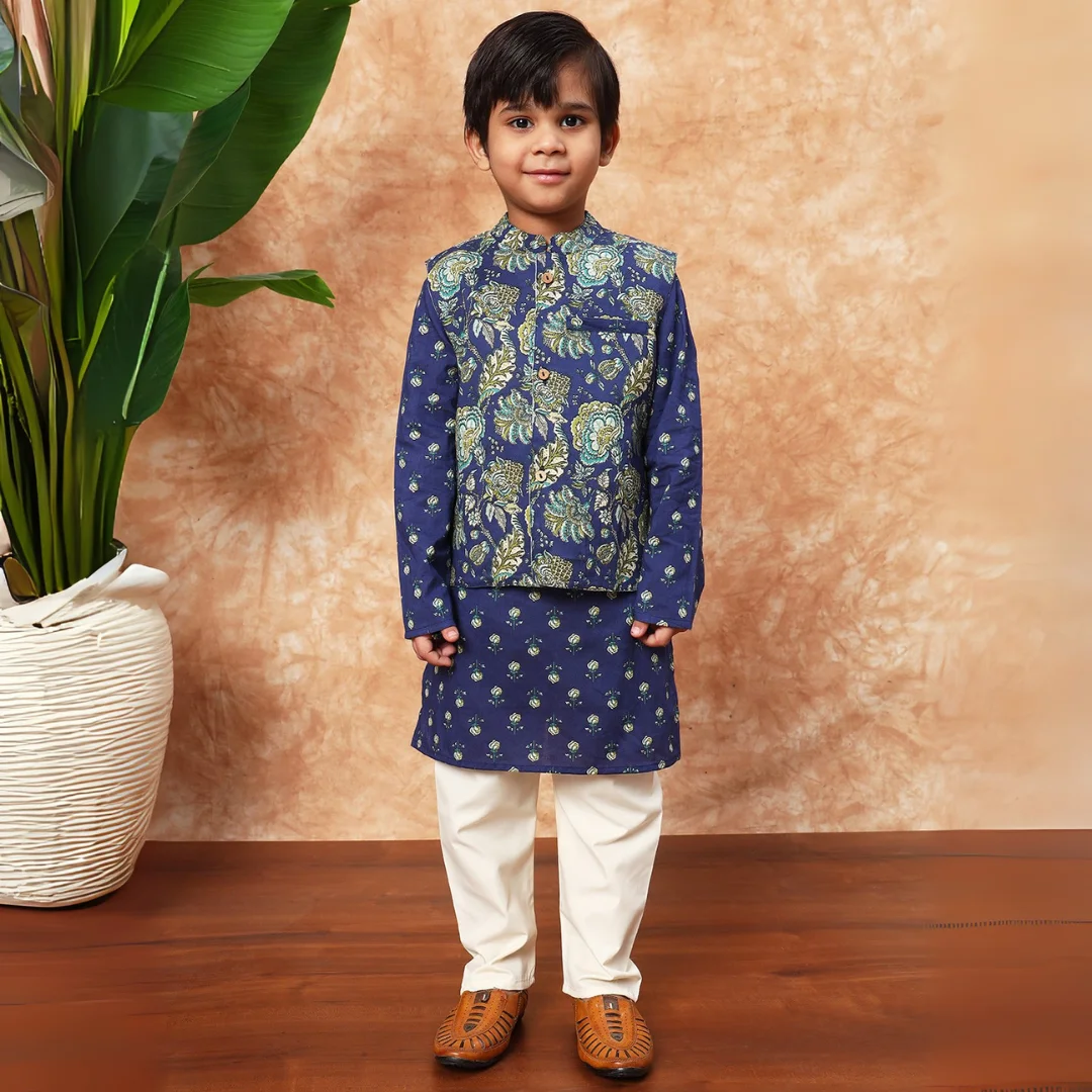 Boys Straight Style Cotton fabric Blue color kurta and Pyjama with Nehru jacket