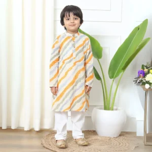 Boys Straight style Cotton fabric Cream color kurta and Pyjama with Nehru jacket