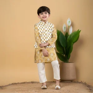 Boys Straight style Cotton fabric Green color kurta and Pyjama with Nehru jacket