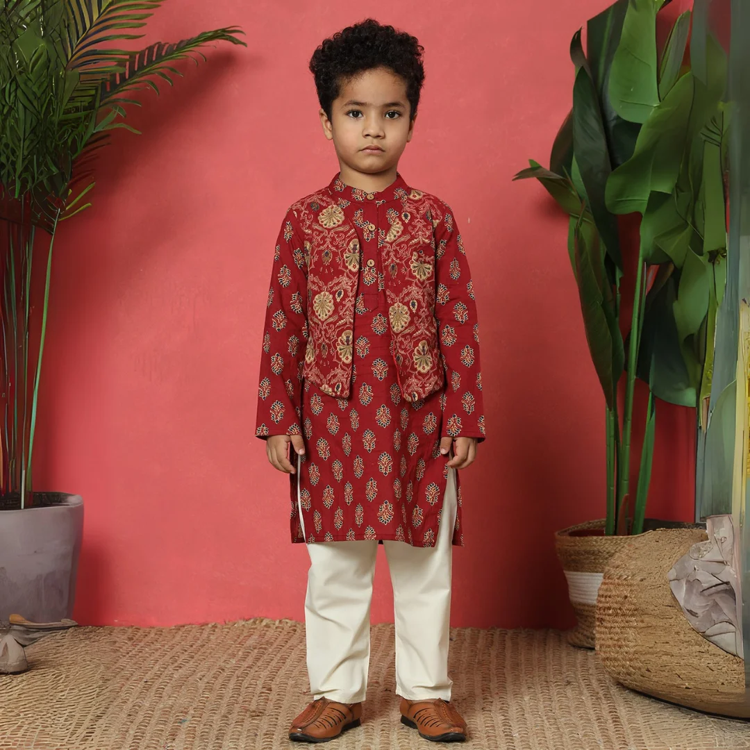 Boys Straight Style Cotton fabric Maroon color kurta and Pyjama