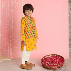 Boys straight style Cotton fabric Orange color Kurta and Pyjama with Nehru Jacket
