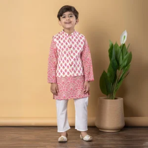 Boys Straight style Cotton fabric Pink color kurta and Pyjama with Nehru jacket