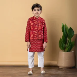 Boys Straight style Cotton fabric Red color kurta and Pyjama with Nehru jacket