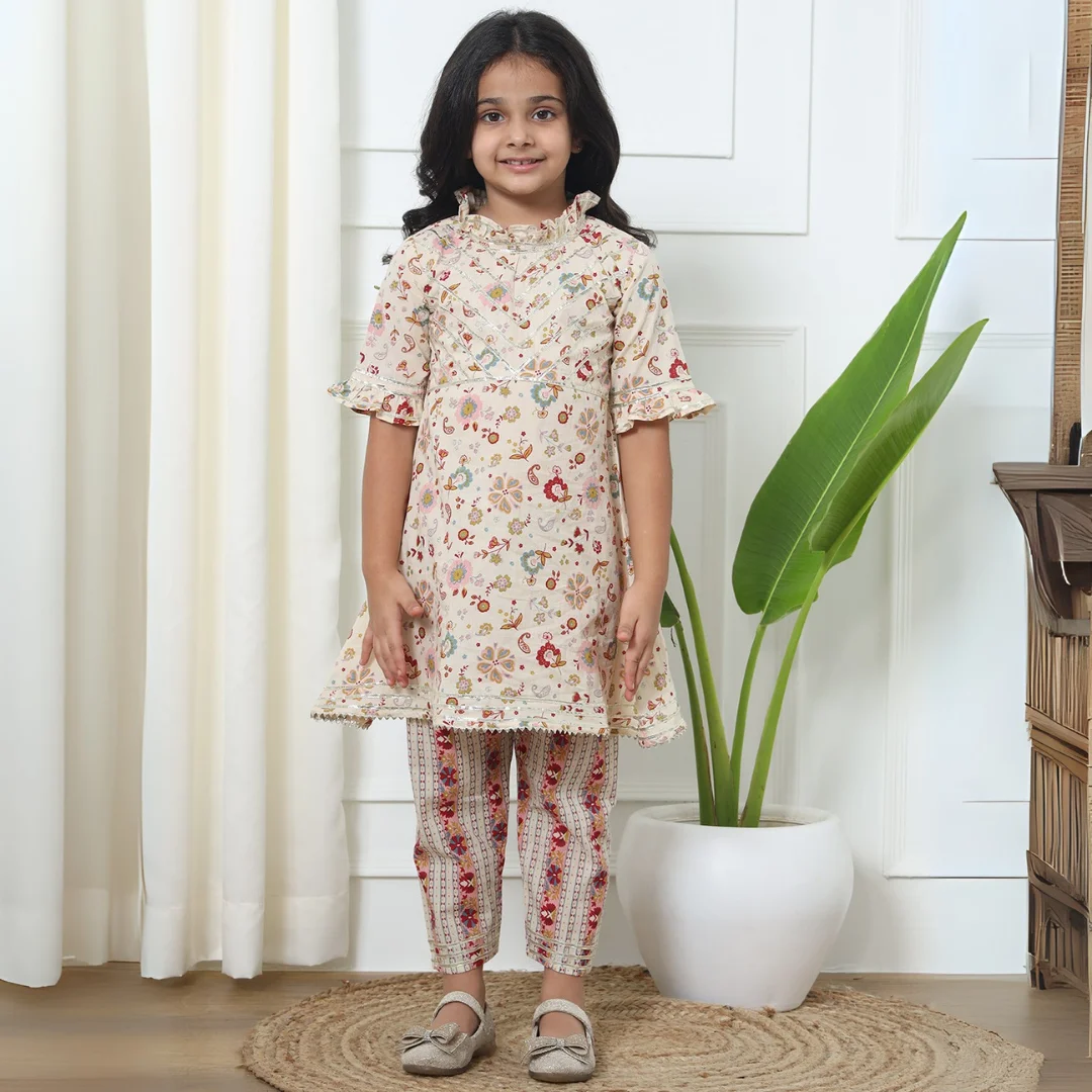 Frock style Cotton fabric Cream color Kurti with Palazzo