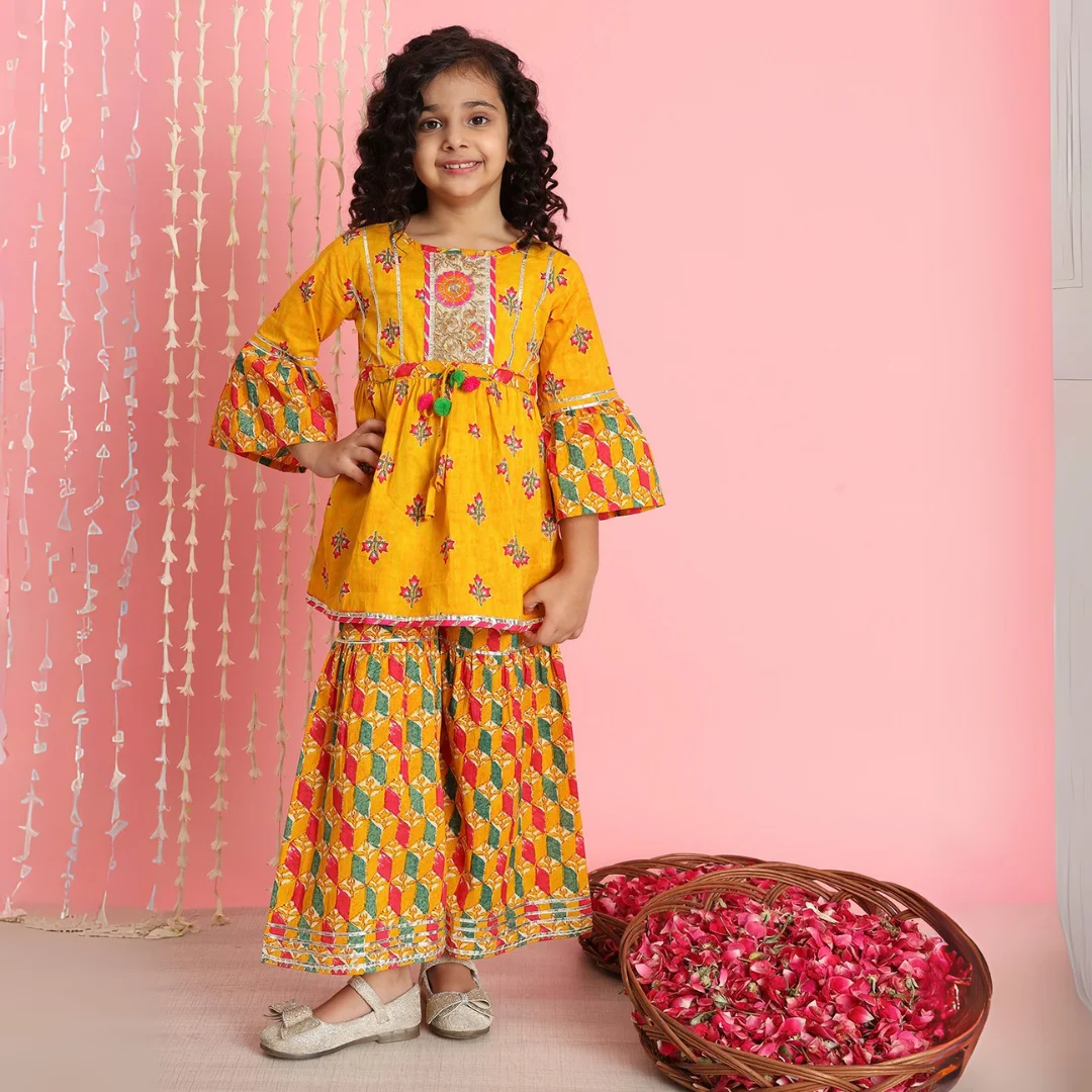 Frock style Cotton fabric orange color printed Kurta and Sharara