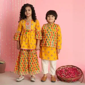 Frock style Cotton fabric orange color printed Kurta and Sharara - COMBO