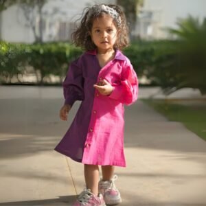 Girls Cotton Colorblock Collared Dress – Pink & Purple