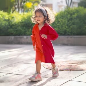 Girls Cotton Colorblock Collared Dress – Red & Orange