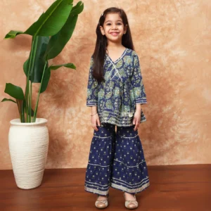 Frock style Cotton fabric Blue color Kurti with Sharara