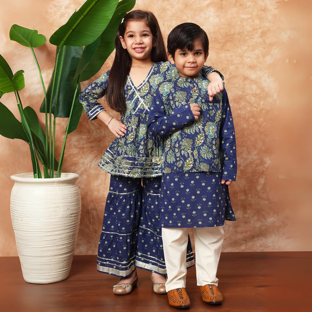 Royal Blue Sibling Ethnic Combo ? Kurti Sharara for Girls & Kurta Jacket Set for Boys