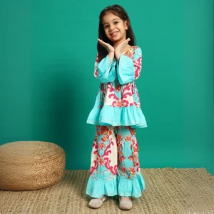 Frock style Cotton fabric Blue color Kurti with Sharara