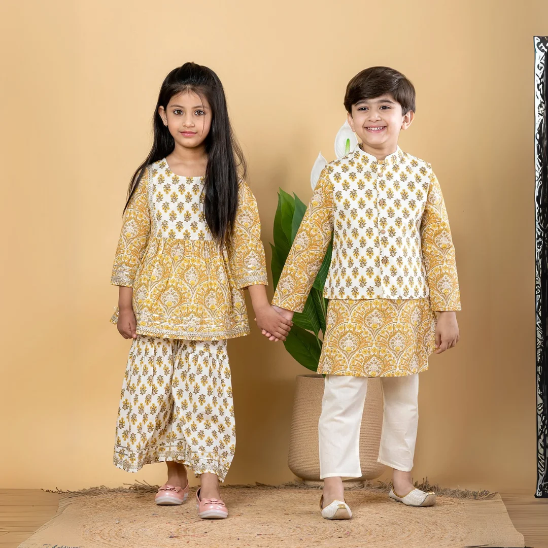 Elegant Green Ethnic Set ? Matching Festive Wear for Brother and Sister