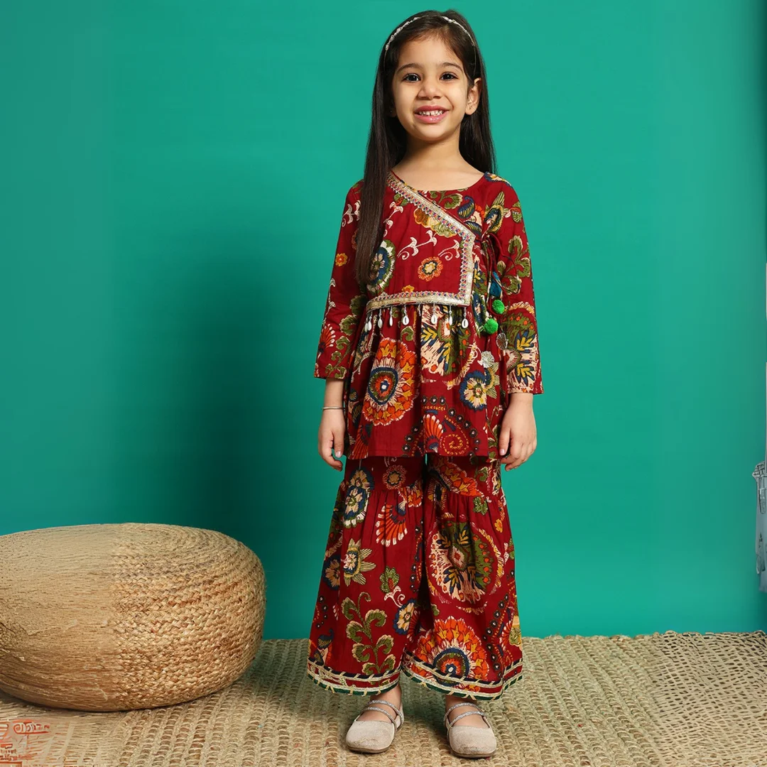 Frock style Cotton fabric Maroon color Kurti with Sharara