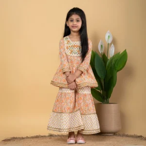Frock style Cotton fabric Peach color Kurti with Sharara