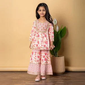 Frock style Cotton fabric Pink color Kurti with Sharara