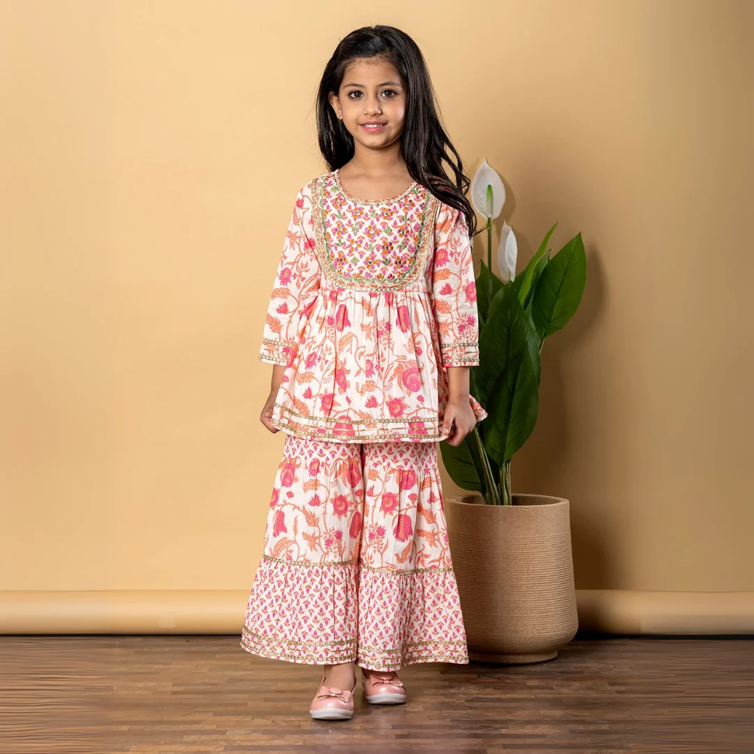 Frock style Cotton fabric Pink color Kurti with Sharara