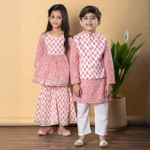 Charming Pink Sibling Set ? Cotton Kurti and Kurta Ethnic Combo