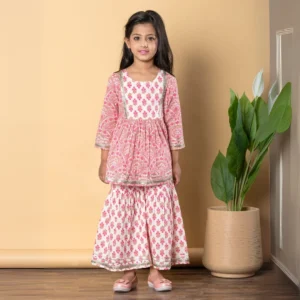 Frock style Cotton fabric Pink color Kurti with Sharara
