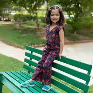 Girls Printed Waistcoat & Pleated Trousers Set - Blue