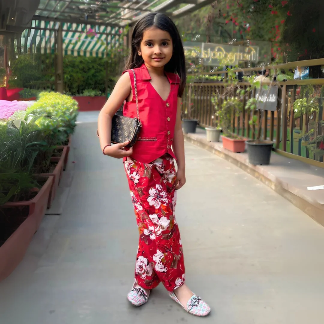 Girls Reversible Waistcoat & Pleated Trousers Set – Pink