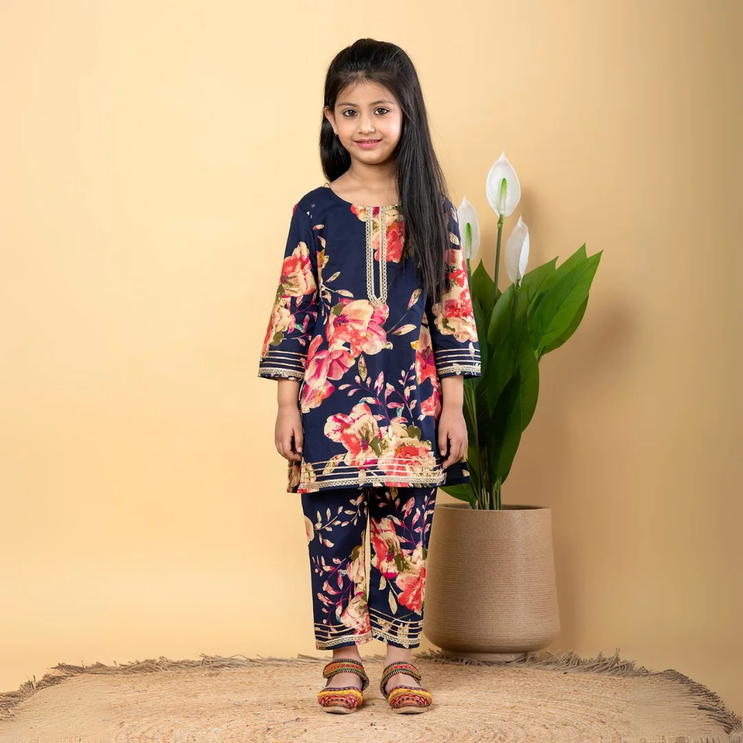 Straight style Cotton fabric Blue color Kurti with Palazzo