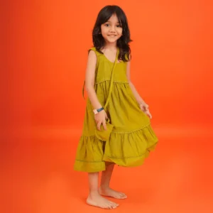 Girls Tiered Cotton A-Line Dress – Green